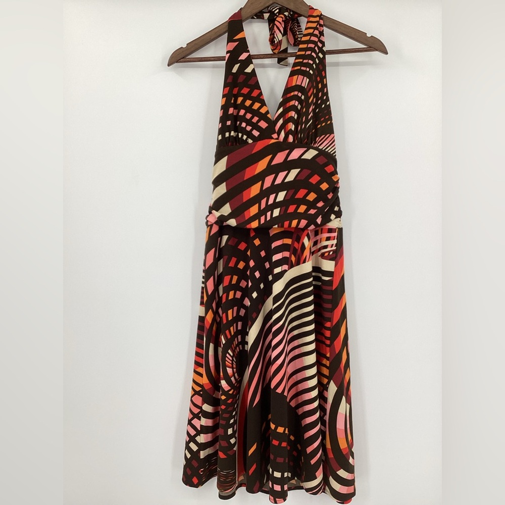 BCBGMaxAzria Brown Multi-Color Backless Halter Dress